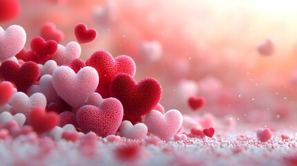 Aufkleber - Stunning Dynamic Valentine Background with a Mix of Glossy 3D Hearts and Radiant Light Flares on a Vibrant Color Burst of Red Pink and Orange Tones
