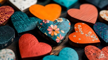Poster - Vibrant floral patterned paper hearts scattered on a vivid colorful background creating a lovely cheerful Valentine s Day setting with a touch  This eye catching arrangement makes for beautiful decor