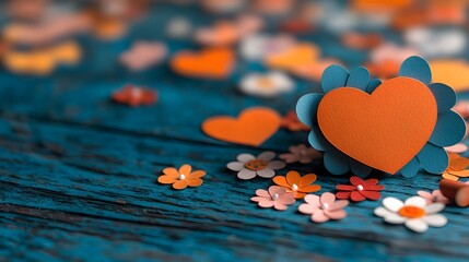 Poster - Charming arrangement of floral patterned paper hearts scattered across a vibrant and colorful background creating a lovely and cheerful Valentine s Day setting full of romance joy and