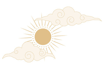 Wall Mural - celestial witch spiritual decoration with asian clouds moon, sun burst. line astrology element, mini