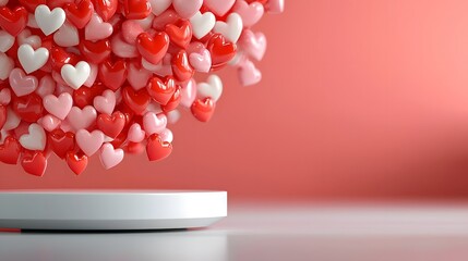Poster - Elegant Valentine s Day Backdrop with Floating Glossy Hearts in Shades of Pink and Red Surrounding a Modern Podium Ideal for Promotional Designs Advertisements and Special Occasion Displays