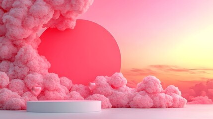 Poster - Dreamy and romantic Valentine s Day sale template featuring a soft pink background with floating heart shaped balloons and an elegant circular podium perfect for advertising branding