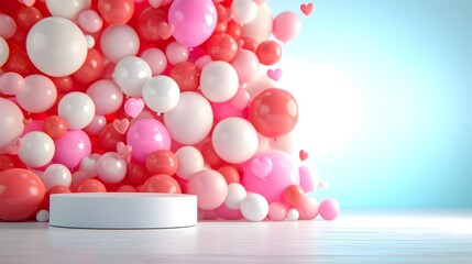Aufkleber - Vibrant and Festive Valentine s Day Background with Floating Red and Pink Balloons Heart Shapes and an Empty Sleek Stage Designed for Promotional Displays