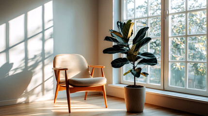 Canvas Print - Sunlight Illuminates Cozy Room with Plant and Chair: Home Interior Design