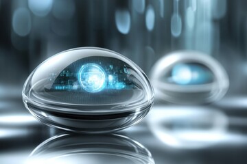 Poster - Futuristic transparent orbs emit blue light and digital patterns in a high-tech environment