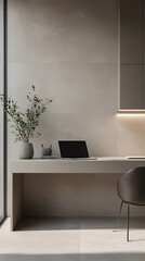 Wall Mural - A stylish, minimalist office with a sleek desk, laptop, and small plant, creating a calming workspace