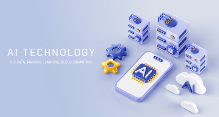 Fototapete - Artificial intelligence technology isometric 3d banner. Cloud computing, data server, smartphone with ai chip and gears render. Concept of digital information storage, network system. 3D illustration