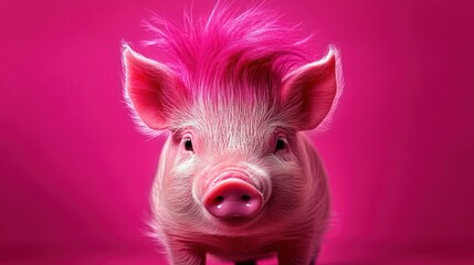 Poster - Pink pig with bright pink hair against a vibrant magenta background.