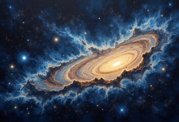 Wall Mural - Spiral galaxy with blue nebula and golden core