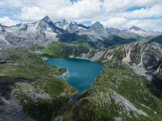 aerial view of beautiful high altitude mountains and lake landscape