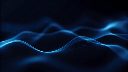 Fototapete - Flowing dot particles wave line pattern blue and purple gradient light isolated on a dark black background. Abstract motion technology background design with glowing dots and digital waves.
