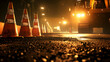 © Lailatul - Night road construction; asphalt paving; traffic cones; city street lights background; for infrastructure projects