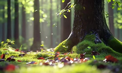 Wall Mural - Serene forest scene with sunlight filtering through green leaves and illuminating moss-covered tree trunk and fallen leaves on the forest floor creating a tranquil atmosphere