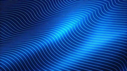 Poster - Smooth wave lines on a blue neon color light background. Glowing abstract wave on dark, shiny motion, magic space light, futuristic design, digital flow, vibrant curve, electric energy effect