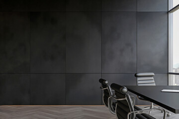 Aufkleber - Empty black office wall Mockup. Blank modern dark interior softly lighted by a large window. Generative ai