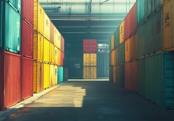 Poster - Vibrant Colorful Shipping Containers in Industrial Warehouse with Sunlight Streaming Through, Creating Dramatic Shadows and Depth