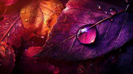 Dewy autumn leaves in vibrant hues, close-up for nature backgrounds