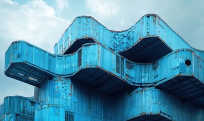 Poster - Abstract Industrial Architecture with Curved Blue Metal Panels Against a Cloudy Sky, Showcasing Unique Design and Textures in Modern Urban Environment