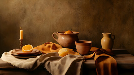 Wall Mural - Still life of earthenware pottery, oranges, and candle on wooden table, rustic setting, ideal for home decor