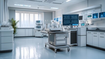 Poster - futuristic quantum computing driven medical device assembly line guaranteeing perfect accuracy and p