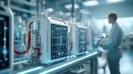 Poster - Futuristic vision of quantum computing transforming the production of advanced portable dialysis machines revolutionizing the healthcare industry with cutting edge technology and innovation