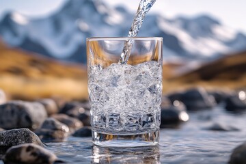 A glass being filled with ice, a refreshing drink on a hot day