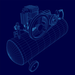 Poster - Blue image of a compressed air tank. The tank is shown in a 3D format, with a close up of the tank's wheel and the engine. Concept of precision and technicality