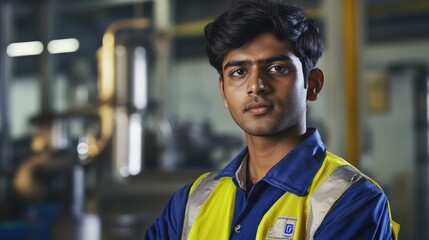 Poster - A person in a factory setting wearing a safety vest, suitable for industrial or manufacturing themed projects