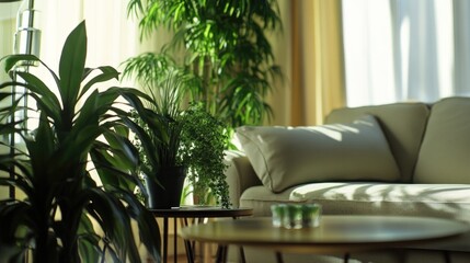 Poster - A comfortable living room with a couch, table, and potted plants