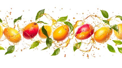 Wall Mural - Fresh mangoes with juice splashes and leaves on white