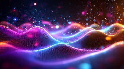 Poster - Abstract Glowing Wave Particles Background with Deep Space Effect and Colorful Lights
