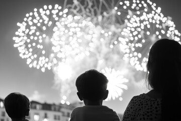 Poster - Group of people watching fireworks on a night sky
