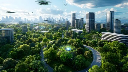 Poster - Quantum Utopia A Visionary Landscape Where Cutting Edge Technology Seamlessly Integrates with Nature Ensuring Environmental Harmony and Optimal Resource Utilization