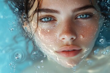 Poster - Underwater portrait of a woman's face, looking upwards with a calm expression