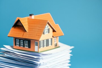 Poster - A house sits on top of a stack of papers in a creative and humorous way