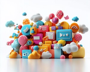 Poster - Colorful 3D social media icons and clouds.