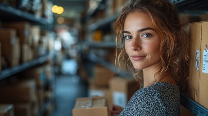 Poster - A woman standing in a warehouse holding a box