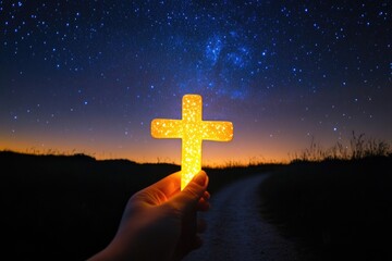 Poster - A person grasping a radiant cross for guidance and faith, suitable for use as an icon or symbol of spirituality