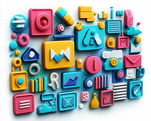 Poster - Colorful 3D digital icons and symbols.