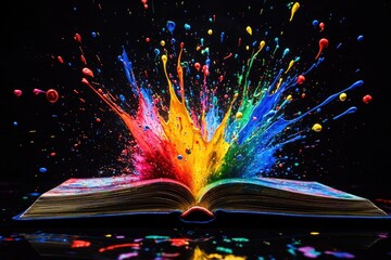 Poster - A creative book with vibrant paint splatters emerging from its pages