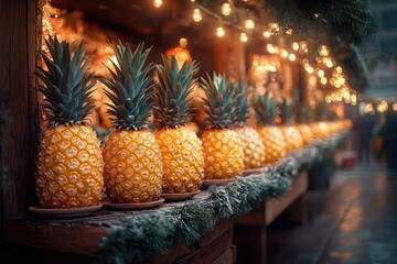 Poster - Fresh pineapples arranged on a rustic wooden table, perfect for decoration or food styling