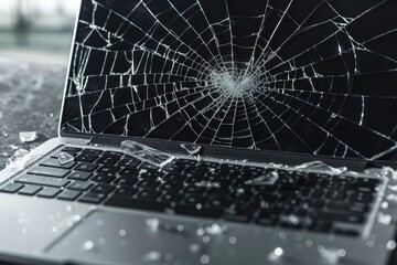 Poster - Close up view of laptop with cracked screen on gray background.