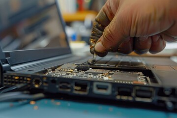 Master repairs broken laptop in workshop. Electronic device maintenance.