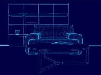 Poster - Blue image of a living room with a couch and a coffee table. The couch is a large, modern design with a blue color scheme