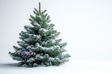 Poster - A small Christmas tree decorated with ornaments and garland, covered in fresh snow
