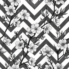 Wall Mural - Elegant Black and White Floral Pattern with Chevron Stripes Seamless Design Spring Blossom