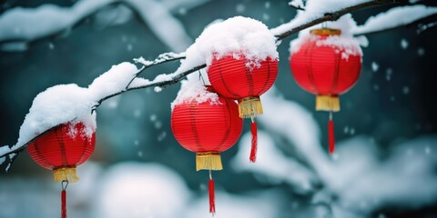 Poster - A snowy tree with three red lanterns hanging from its branches