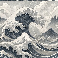 Wall Mural - Dramatic Monochrome Wave Illustration Japanese Woodblock Print Style Ocean Mountain Landscape Art