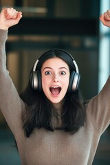 Poster - A woman enjoying music while dancing with raised arms