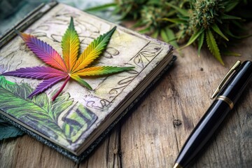 Poster - A notebook with a marijuana leaf on top, often used for note-taking or writing